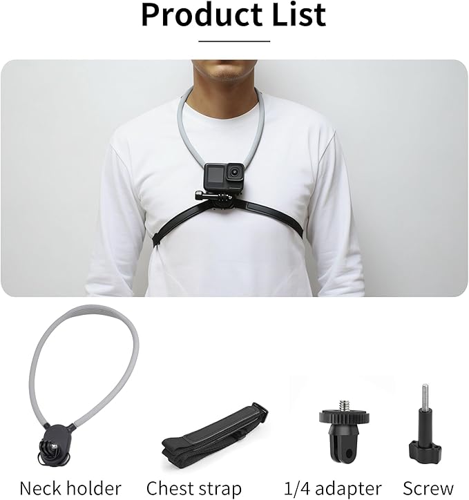 SOONSUN Flexible POV Neck Mount with Chest Strap, Hands-Free Bendable Camera Mount for GoPro Hero 13/12/11/10/9/8/7/6/5/4/MAX, DJI Osmo Action 6/5/4, Insta360, Cycling & Travel Vlog Shooting