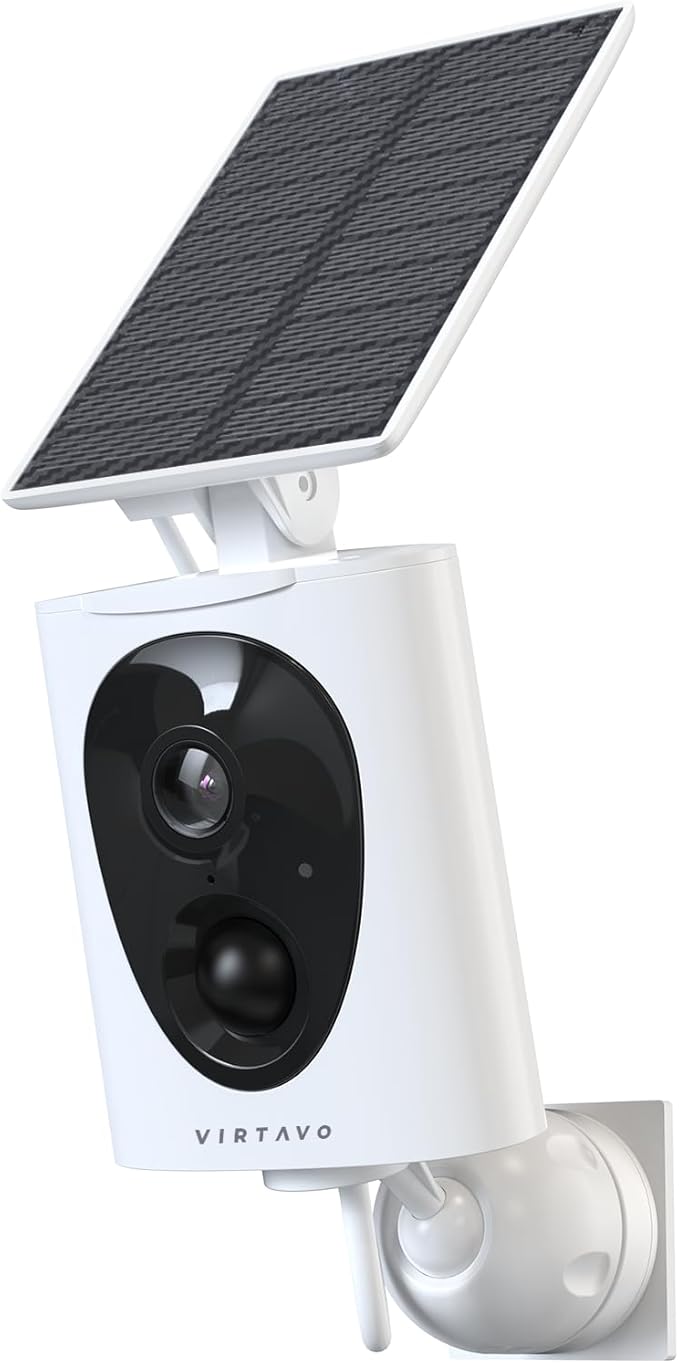 VIRTAVO SolarFlask 2K Solar Security Cameras Wireless Outdoor, Starlight Lens, Color Night Vision, PIR Motion Detection, Battery-Powered, 2-Way Audio, Weatherproof, Cloud/SD Storage, 2.4GHz WiFi