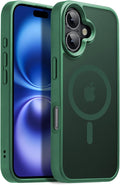 Magnetic Case for iPhone 16 Case [10FT-Grade Drop Tested & Compatible with MagSafe] Translucent Anti-Fingerprint Shockproof Protective Cover 6.1 Inch,Dark Green