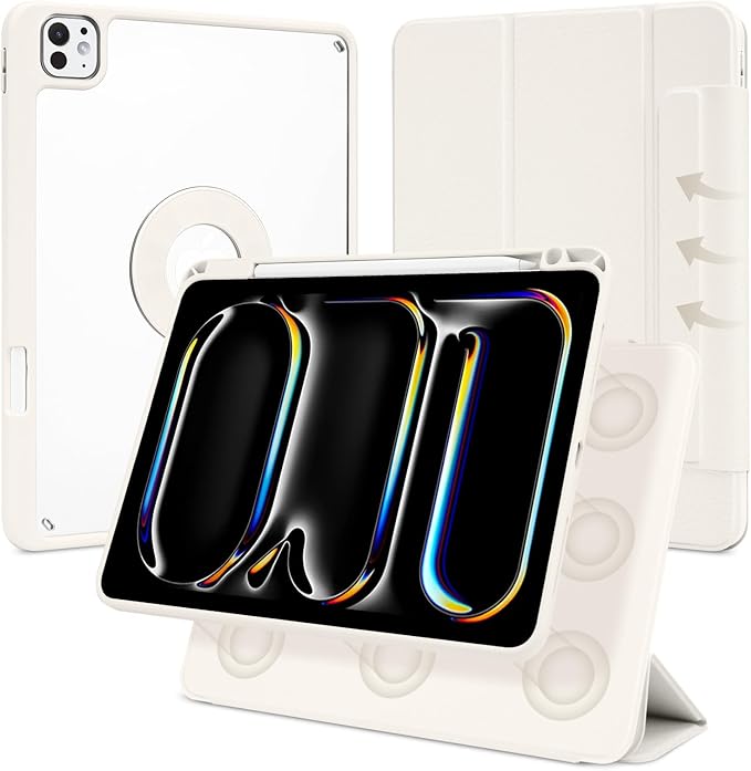 Case for iPad Pro 11 inch M5/M4 (2025/2024, 6th/5th Generation), Removable and Detachable Magnetic Cover with Pencil Holder, Vertical Adjustable Stand, Tri-Fold Multi-Angle, White