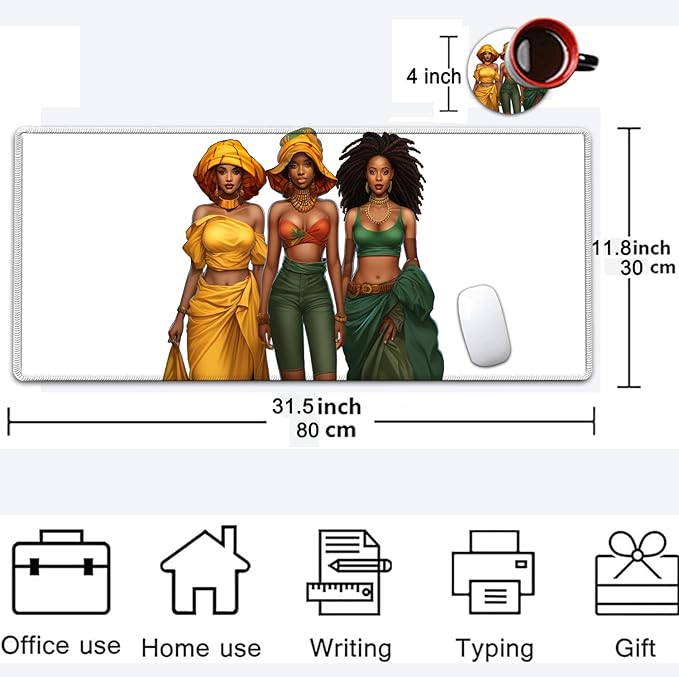 Large Mouse Pad, 31.5 x 11.8in Extended Gaming Mouse Pad with Stitched Edges, XXL Mousepad Protector Non Slip Rubber Base for Office Home Writing Mat,African American Women Black Girl White Desk Mat