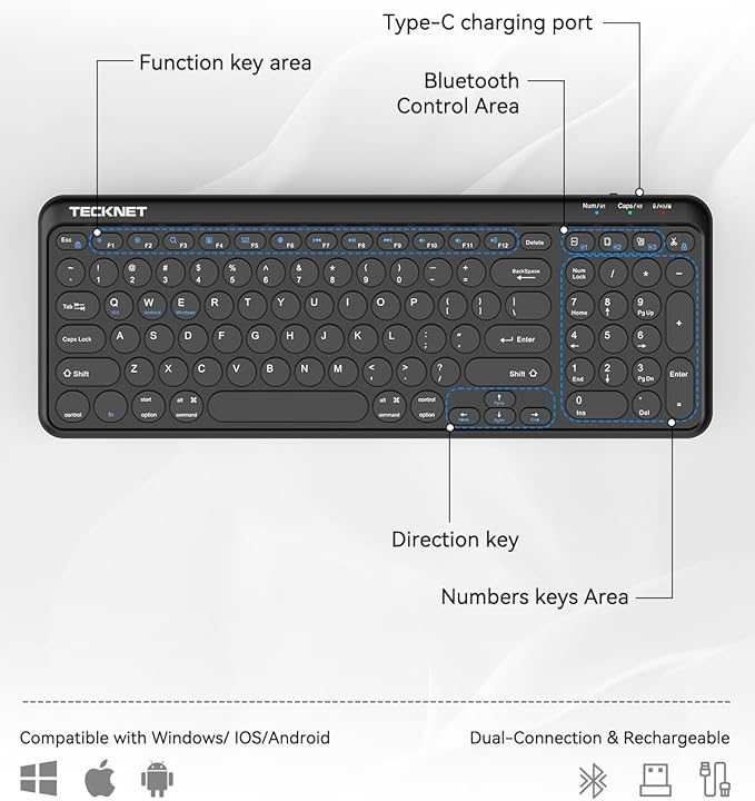 TECKNET Wireless Keyboard Bluetooth & 2.4G USB, Up to 4-Device Connection, USB C Rechargeable Battery, Quiet Typing, Compact Layout, 7° Ergonomic Tilt, Compatible with Windows/Android/iOS, Black