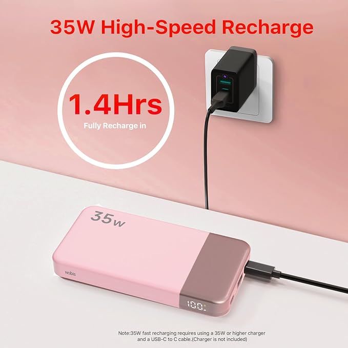 NOBIS Portable Charger, 10000mAh Power Bank Fast Charging, Battery Pack with C to C Cable, Battery Bank with Digital Display for iPhone iPad Android etc (Pink, 35W)