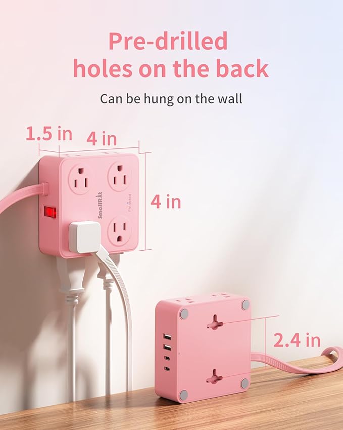 Extension Cord with Multiple Outlets, SMALLRT Power Strips with Surge Protection, 6.5FT Flat Plug Power Strip with USB Ports, 8 Outlets, Outlet Extender Surge Protector Outlet for Home Office, Pink