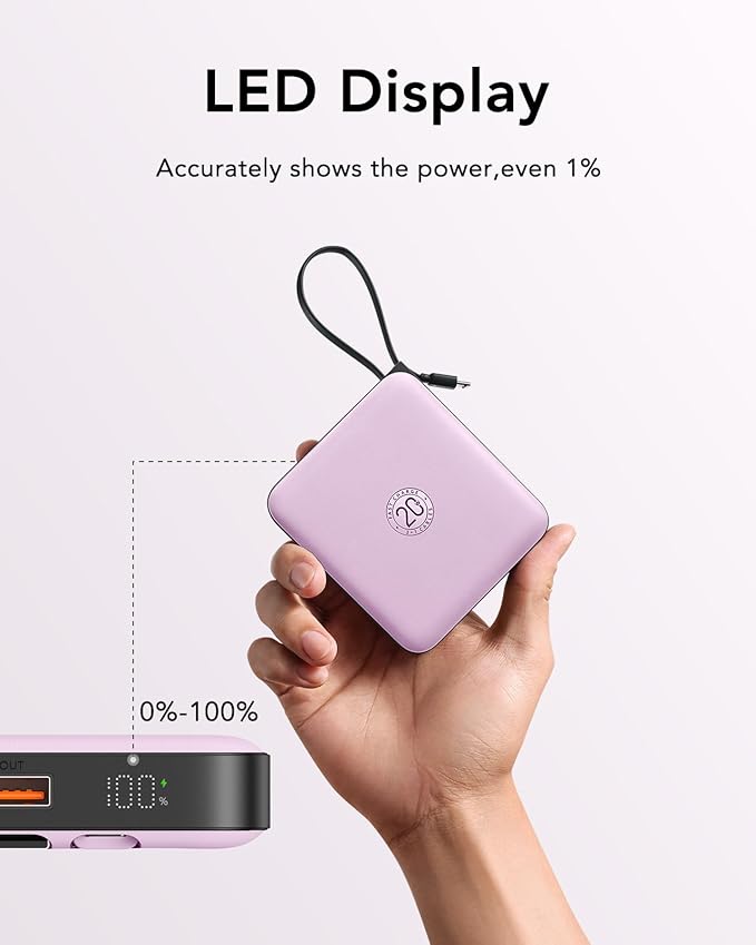 VRURC Portable Charger with Built-in Cable, 10000mAh 22.5W Fast Charging USB C Battery Pack, Cell Phone Power Bank for iPhone 17 16 15 Series Android Tablet (Purple)
