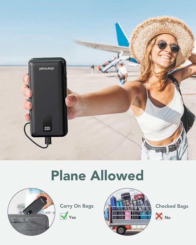 charmast Portable Charger with Built-in Cables and Wall Plug, 10000mAh USB C Portable Power Bank, Potable Phone Charger, Travel Essentials Compatible with iPhones, Samsung Galaxy, iPad