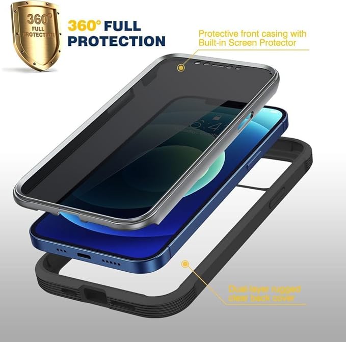 Diaclara Designed for iPhone 12/12 Pro Case, Full Body Rugged with Built-in Touch Sensitive Anti-Scratch Privacy Screen Protector, Soft TPU Bumper Case for iPhone 12/12 Pro 6.1" (Black)