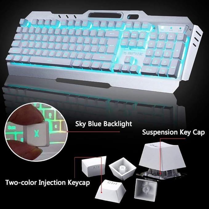 Wireless Keyboard and Mouse, Blue LED Backlit Rechargeable Keyboard with 3800mAh Battery, Metal Panel, Removable Hand Rest Mechanical Feel, 7 Color Gaming Mute Mouse for PC Gamers