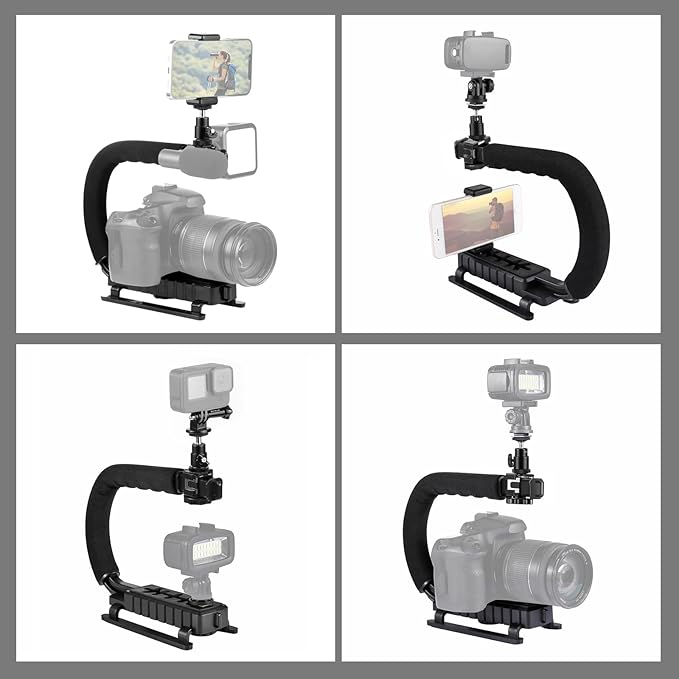 PULUZ U/C Shape Video Action Stabilizing Handle Grip Handheld Stabilizer Kit with Phone Clamp & Quick Release Buckle & Long Screw for Canon Sony Nikon Cameras and Home DV Camera Smartphones