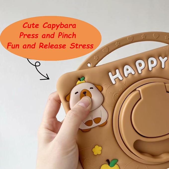 3D Cute Press Capybara Case for iPad Air 1st 2nd/iPad Pro 2016/iPad 5th 6th 9.7 inch,Kawaii Cartoon Character Capybara Soft Silicone Rotating Stand Case with Lanyard for Kids Teens Girls Women