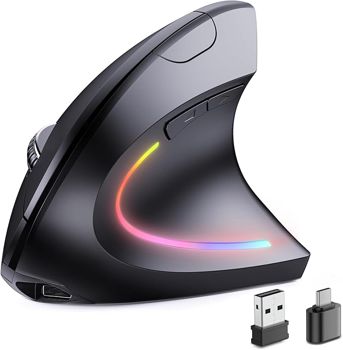 JYKEYMOUT Bluetooth+USB A+USB C(3 in 1)Rechargeable Ergonomic Mouse, Wireless Vertical Design, 5 Adjustable Levels Up to 4800 DPI, 2.4G Carpal Tunnel Silent Mice for PC,Laptop,MacBook,Chromebook-Black
