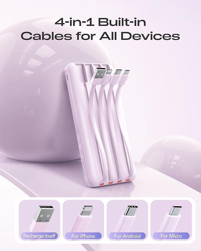 Orfeika 20000mAh Power Bank Fast Charging, Portable Charger with 4 Built-in Cables & 6 Outputs, 20W PD USB C Battery Pack Compatible with iPhone 16/15, Galaxy, Android, iPad & More (Travel Essential)