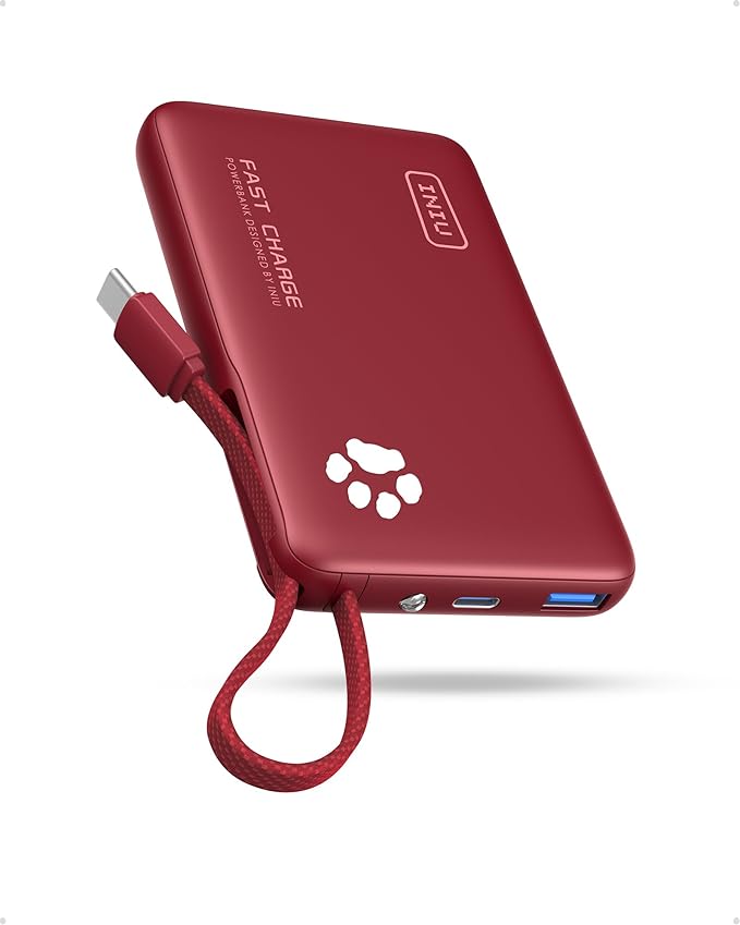 INIU Portable Charger, Slim 10000mAh Power Bank with Build in USB-C Cable, 45W Fast Charging Mini Battery Pack, Travel Trip Flight Cruise Ship Essentials for College Students Travelers Boys Girls, Red