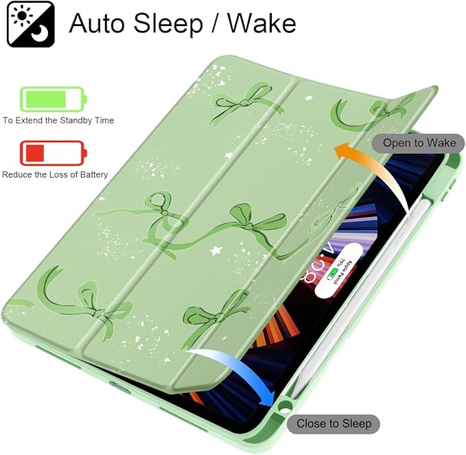 Tuiklol for iPad Pro 12.9 Inch 6th/5th/4th/3rd Generation 2022 2021 2020 2018 Case,Built-in Pencil Holder Clear Transparent Protective Back Shell Cover with Auto Sleep/Wake, Bow-Green