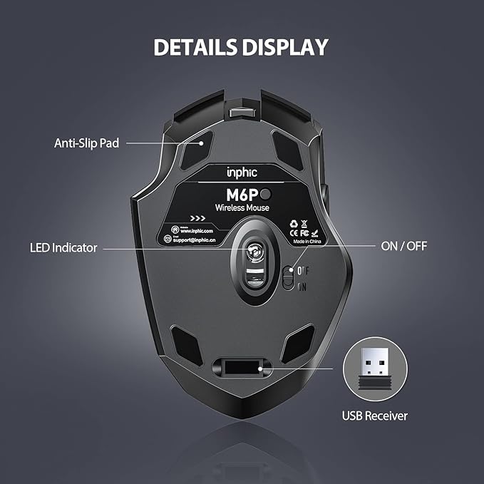 INPHIC Wireless Mouse Rechargeable, Battery Level Visible, Silent 2.4G Cordless Mouse for Laptop, 2400DPI