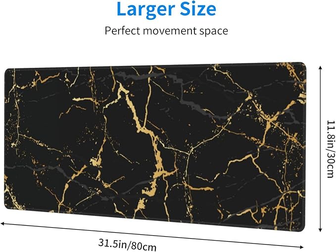 Black and Gold Marble XL Large Mouse Pad with Stitched Edges Long Non-Slip Rubber Base Mousepad Laptop Keyboard Mat Desk Pad for Office Home Desk Decor, 31.5" X 11.8"