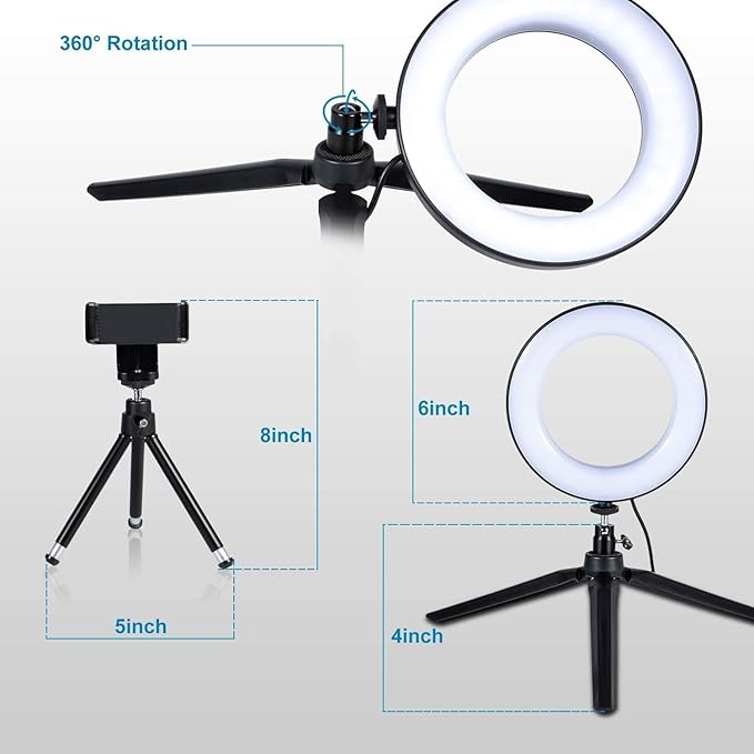 LED Ring Light 6" with Tripod Stand for Desk YouTube Video and Makeup, Mini Camera Light with Cell Phone Holder Desktop LED Lamp with 3 Light Modes & 11 Brightness Level (6 inch)