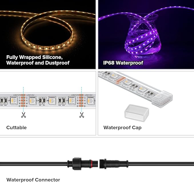 BTF-LIGHTING IP68 Waterproof Outdoor RGBW LED Strip 5050SMD RGB+Warm White(3000K-3500K) 4 Color in 1 DC12V 16.4ft 5m 60LED/m Multi-Colored Light White PCB Can Work Outdoor(No Adapter or Controller)