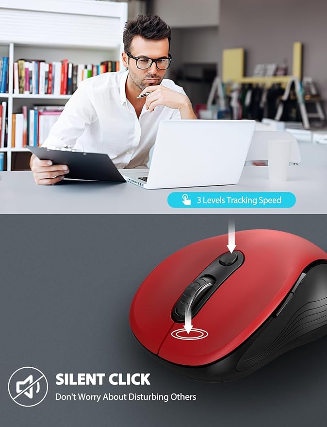 Trueque Wireless Mouse for Laptop, 2.4GHz Ergonomic Computer Mouse with Back & Forward Buttons, 3 Adjustable DPI Levels, 6 Buttons, Optical USB Cordless Mice for Windows PC, M01 (Red)