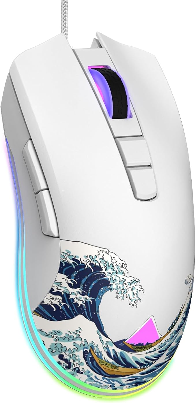 COSTOM Womier G705 USB Wired Gaming Mouse for PC Computer Windows Mac Laptop, Lightweight Silent RGB Backlit Mouse with Adjustable 12000DPI/7 Programmable Side Buttons,White Kanagawa Theme