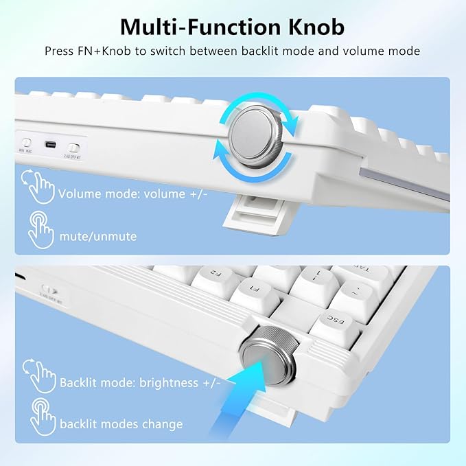 Redragon Wireless Mechanical Keyboard Creamy, Bluetooth/2.4GHz/USB-C Wired, 75% Hot Swappable Custom Gaming Keyboard with Knob, RGB Backlit, Pre-lubed Linear Switches, PBT Keycaps, White