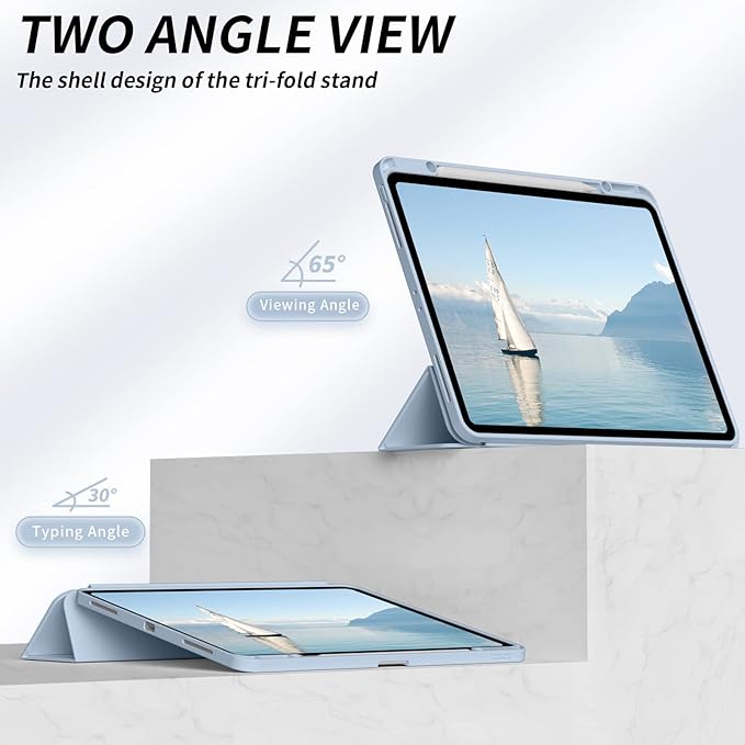 Aoub New iPad Pro 12.9 Case 6th Generation 2022 / 5th Gen 2021/ 4th Gen 2020 with Built-in Pencil Holder, Auto Wake/Sleep, Slim Stand Soft Back Shell Smart Cover for iPad Pro 12.9 Inch, Sky Blue