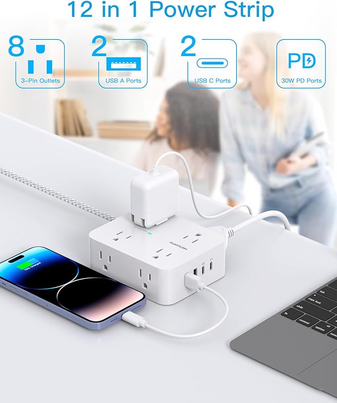 PD 30W USB C Power Strip Surge Protecor, HANYCONY 8 Outlets 4 USB(2 USB C Ports), 1080J Desk Charging Station for Multiple Devices, 6 Ft Flat Plug Extension Cord for College Dorm Room Essentials