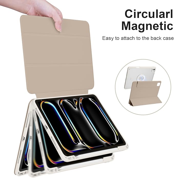 Case for iPad Pro 11 inch M5/M4 (2025/2024, 6th/5th Generation), Removable and Detachable Magnetic Cover with Pencil Holder, Vertical Adjustable Stand, Tri-Fold Multi-Angle, Oat Coffee+White