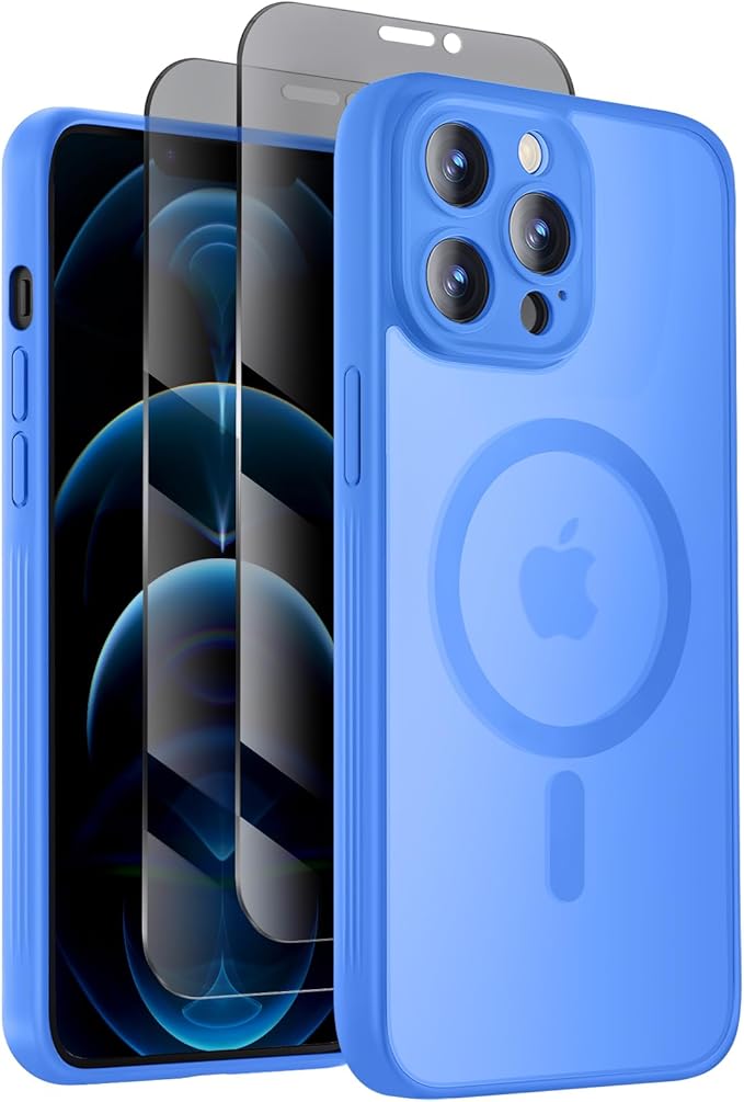 Symcele Designed for iPhone 12 Pro Case, Compatible with MagSafe, with Privacy Screen Protectors X2, [Camera Protection] [15FT Military Drop Protection] Shockproof Phone Case, 6.1", Blue
