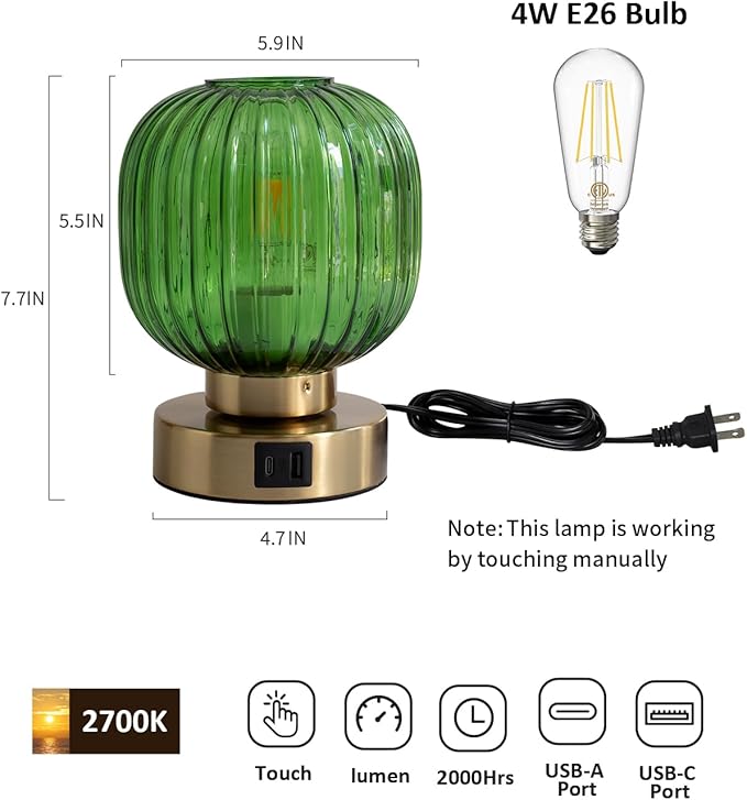Elenhome Touch Control Small Table Lamp Set of 2, Elegant Green Glass Bedside Lamp 3 Way Dimmable with USB C+A Charging Ports - Bedroom Nightstand & Living Room Essential, 4W Bulb Included