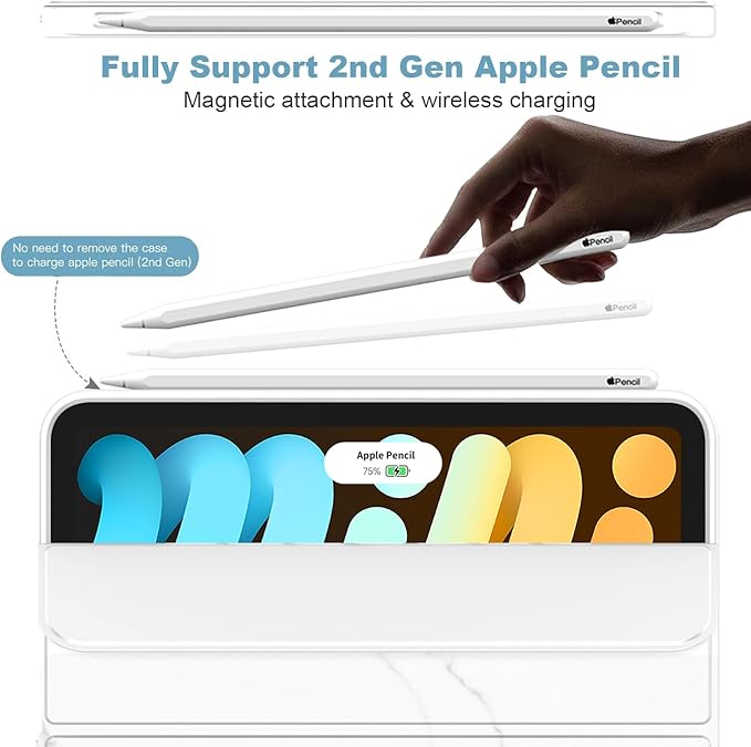 iMieet iPad mini 7 Case 2024 (A17 Pro), iPad mini 6 Case (8.3-Inch,2021 Model), iPad mini 7th/6th Generation Case with Pencil Holder, Trifold Stand Smart Case with Soft TPU Back,Marble White