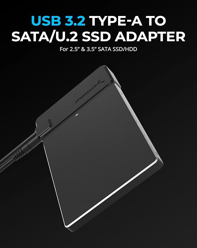 SABRENT USB 3.2 Type A to SATA/U.2 SSD Adapter Cable with 12V/2A Power Supply [EC-U2SA]