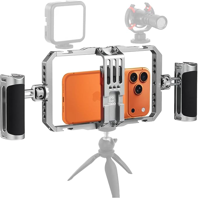 C Coiro Universal Smartphone Phone Cage with Leather Shoulder Strap, Phone Stabilizer for Video Recording and Vlogging for iPhone 17 16 15 for Samsung for Pixel and Other Android Phones