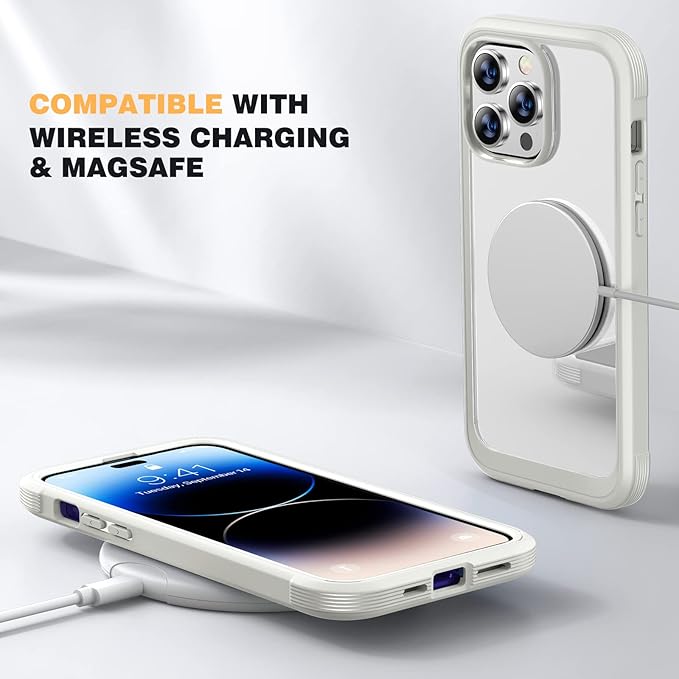 Diaclara Designed for iPhone 14 Pro Max Case 6.7’’, Full Body Rugged Phone Case w/Built-in Sensitive Anti-Scratch Screen Protector+9H Tempered Glass Camera Lens Protector(White)