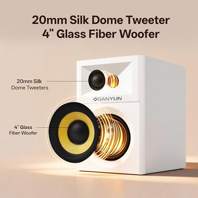 Sanyun SW205 4" 80W HiFi Bookshelf Speakers, 2.0 Active Near Field Studio Monitor, Upgraded 3D Sound Field, Flagship DAC & DSP, Geometric Diffusion Cabinet, Bluetooth 5.4/Optical/AUX, White