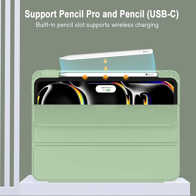 ZryXal New iPad Pro 13 Inch Case (M5) 2025 / (M4) 2024 with Pencil Holder, Smart iPad Case [Support Pencil Pro and Pencil (USB-C)], Support Touch ID and Auto Wake/Sleep (Matcha Green)