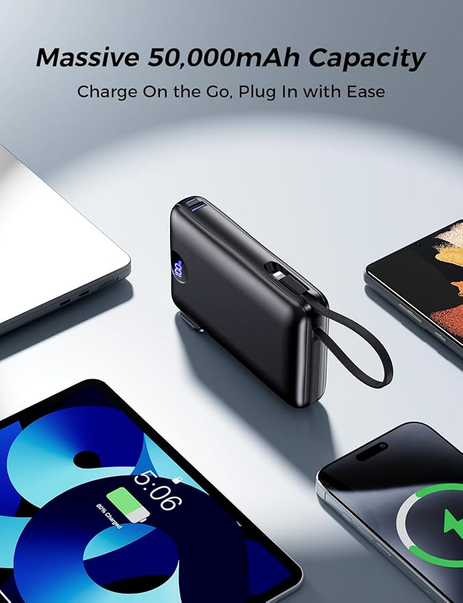 Power Bank, 50000 mAh Portable Charger with Built in Cable & Wall Plug, 22.5W Fast Charging, Travel Essential Battery Pack with LED Display for iPhone 17/16/15/14 Series, Galaxy, iPad Dark