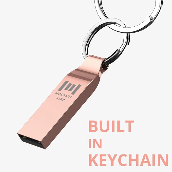 MOSDART Waterproof 32GB USB2.0 Flash Drive, FAT32 Metal Memory Stick with Keychain, for System Back, Data Storage, Rose Gold