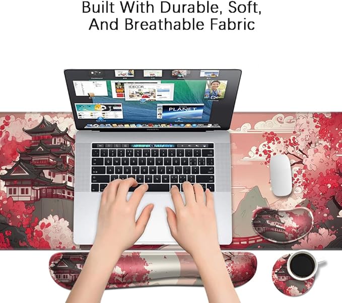 Desk Mat, Large Gaming Mouse Pad with Wrist Rest, 4 in1 XXL Mouse pad+Keyboard Wrist Rest+Mouse Pad Wrist Support+Cup Coaster Set, Ergonomic Desk Pad for Home Office, Japanese Sunrise