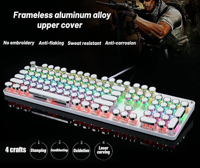YSCP Typewriter Style Mechanical Gaming Keyboard Rainbow Backlit Wired with Blue Switch Retro Round Keycap 104 Keys Keyboard (L-White)
