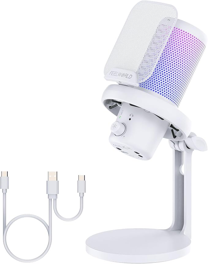 FEELWORLD VM1 White Gaming PC USB Microphone Condenser Mic with Noise Cancellation Mute RGB Light, Computer Accessories Gifts for Gamer YouTube Twitch Podcast Streaming Recording Online Chat PS4 PS5