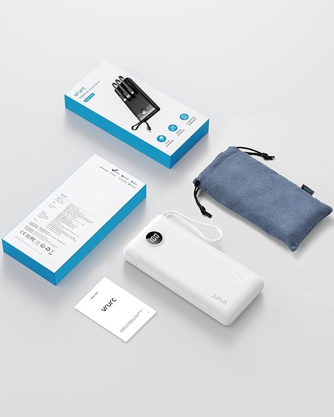 VRURC Portable Charger Built in Cables, Slim Power Bank 10000mAh, Multi Devices Charging Bank with Lanyard, USB C Battery Pack 5 Outputs for iPhone 17 Pro 17 16 15 14 13, Samsung Phones-White(1 Pack)