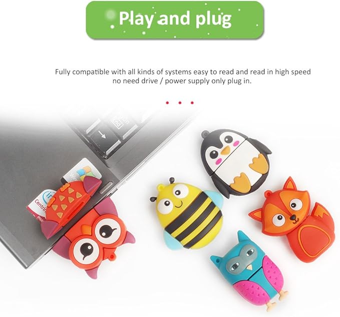 Flash Drive 5x16GB Thumb Drive Animals USB Flash Drive with Chain Bee Fox Owls Penguin Pen Drive Gift for School Kids and Students Valentine's Day Gift (Pack of 5 Animals)