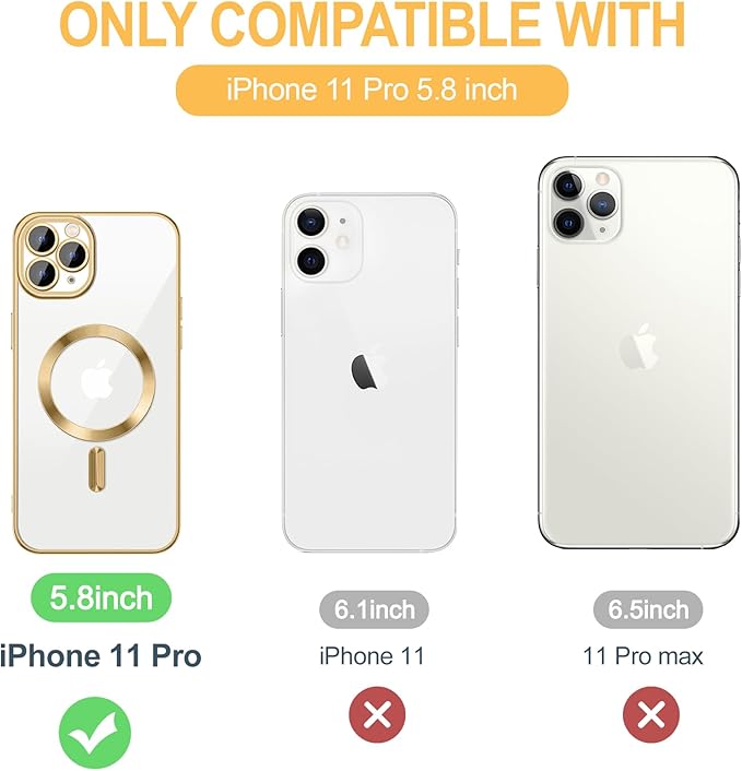 Hython Magnetic Clear for iPhone 11 Pro Case with Camera Lens Protector [Compatible with MagSafe] Luxury Plating Edge Slim Soft TPU Cover Protective Phone Case for iPhone 11 Pro 5.8", Gold