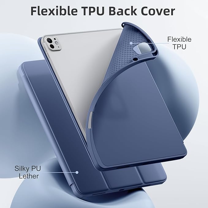 Compatible with iPad Pro 13 Inch Case M5 2025/ M4 2024, Soft TPU Back Cover for iPad 13 Pro Case, with Pencil Pro & (USB-C) Holder, Trifold Stand, Auto Wake/Sleep, Blue Gray