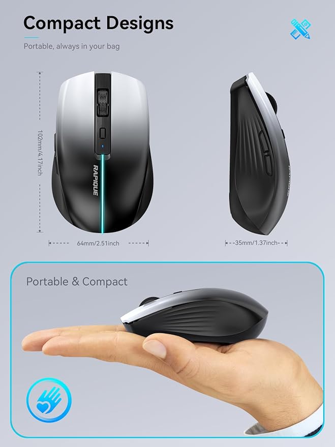 RAPIQUE Bluetooth Wireless Mouse – White to Black Gradient, Dual Bluetooth 5.1 & 2.4G Connectivity, Silent Click, Rechargeable, Ergonomic 6-Button for Windows/MacOS/Android/Laptop/MacBook/iPad