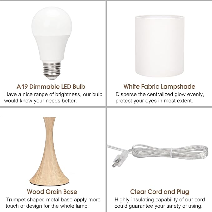 Bedside Touch Lamp, 3 Way Dimmable Touch Control Table Lamp, Wood Grain Farmhouse Table Lamp, Modern Nightstand Lamp with White Shade for Bedroom, Dorm, Office, 3000K LED Bulb Included