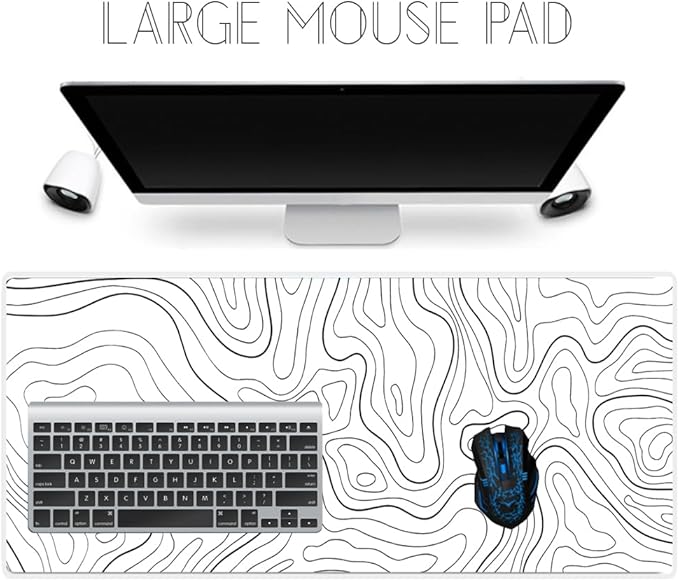 HGWALP Large Gaming Mouse Pad Extended XXL Mouse Mat Long Desk Pad with Stitched Edges for Keyboard Home Office Gaming Work Big Desk Pad (35.4x15.7x0.12IN, 90x40),White Topographic