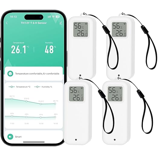 WLAN Thermometer Hygrometer Sensor, Wireless Smart Temperature and Humidity Digital Display Monitor, with Remote App Notification Alert for Home, Greenhouse(4 Pack)