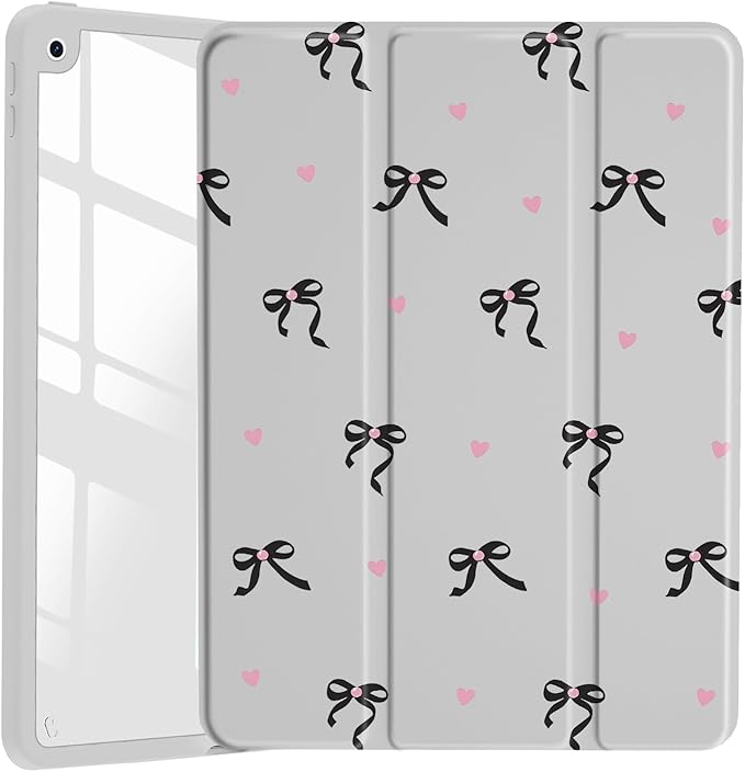 JOYLAND Cute Ribbon Bowknot Case for iPad Air 11 Inch M3(2025) / M2(2024), iPad Air 5th(2022) / 4th (2020) Gen 10.9 Inch, Girly Clear Hard Back Grey Case with Pencil Holder Trifold Stand Tablet Cover